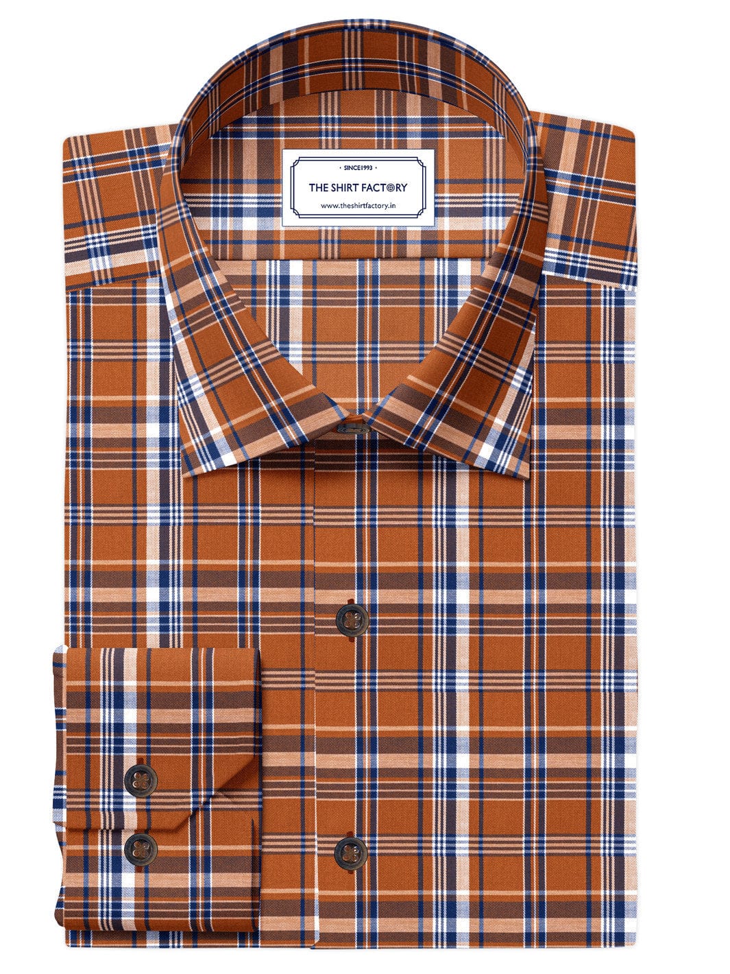 Custom Tailored Brown Shirt with Navy Blue White Plaid Check CUS-10315