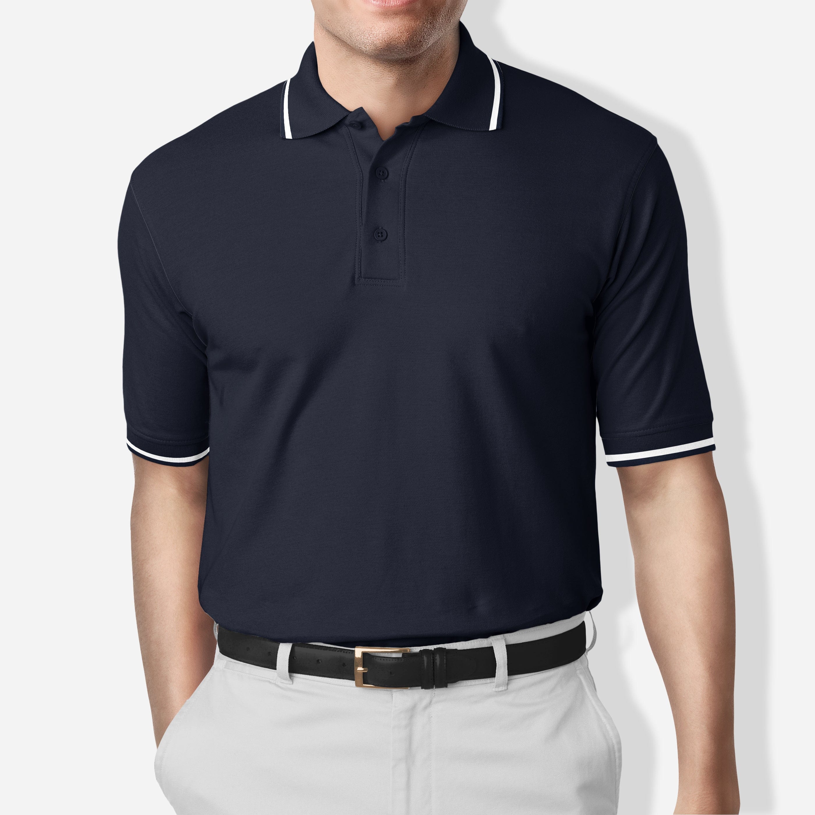 Navy Blue Polo T-Shirt with White Tipping – The Shirt Factory