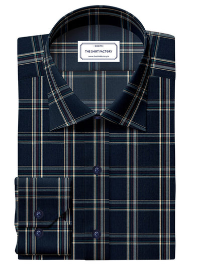 Customized Shirt Made to Order from Premium Cotton Checks Fabric Dark Blue and Khaki - CUS-10259