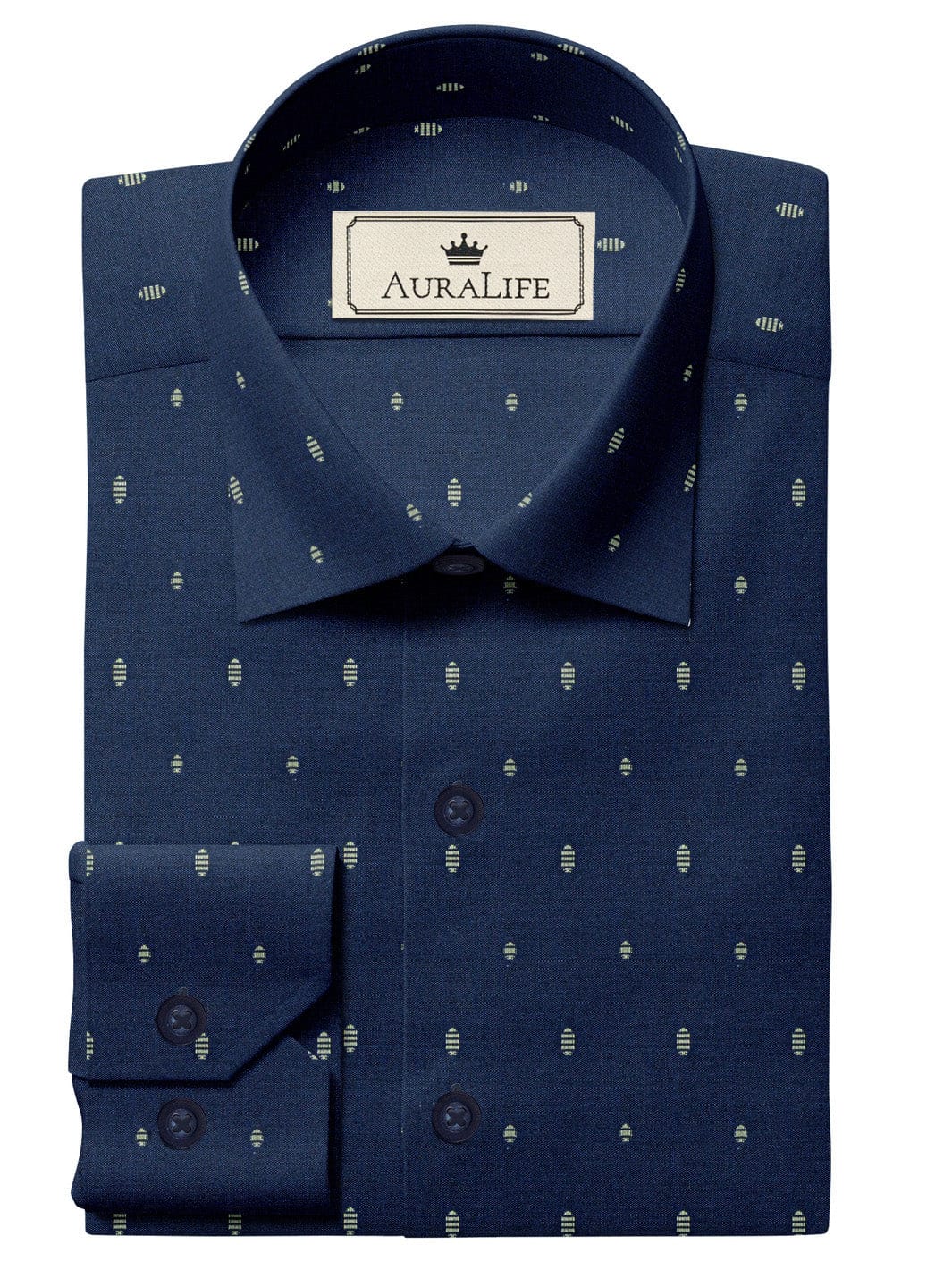 Custom Tailored Navy Blue Printed Cotton Shirt - CUS-10017
