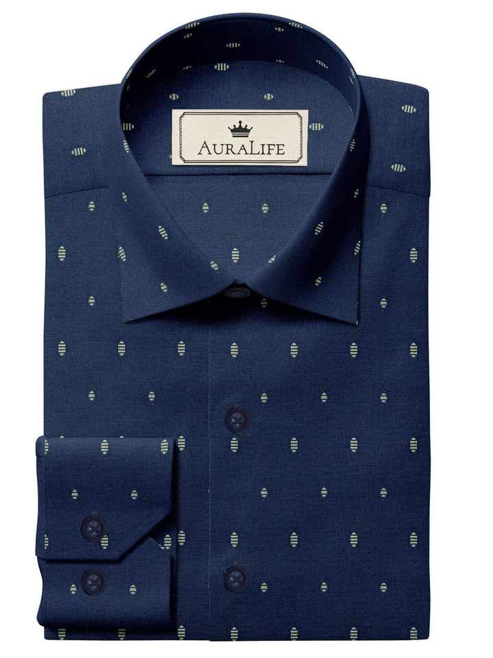Custom Tailored Navy Blue Printed Cotton Shirt - CUS-10017