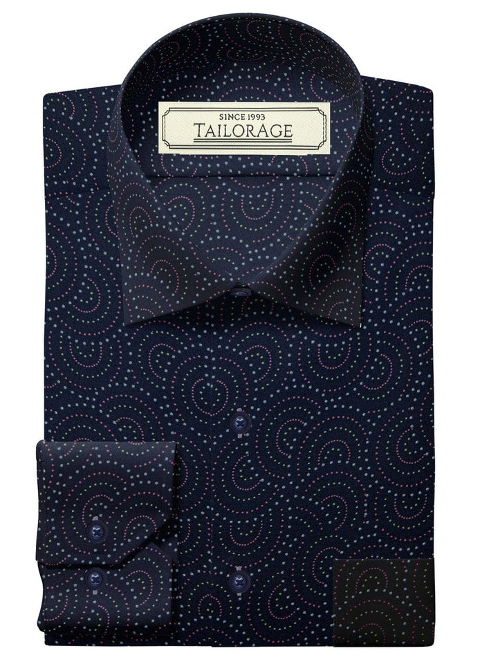 Custom Tailored Navy Blue Printed Cotton Shirt - CUS-10172