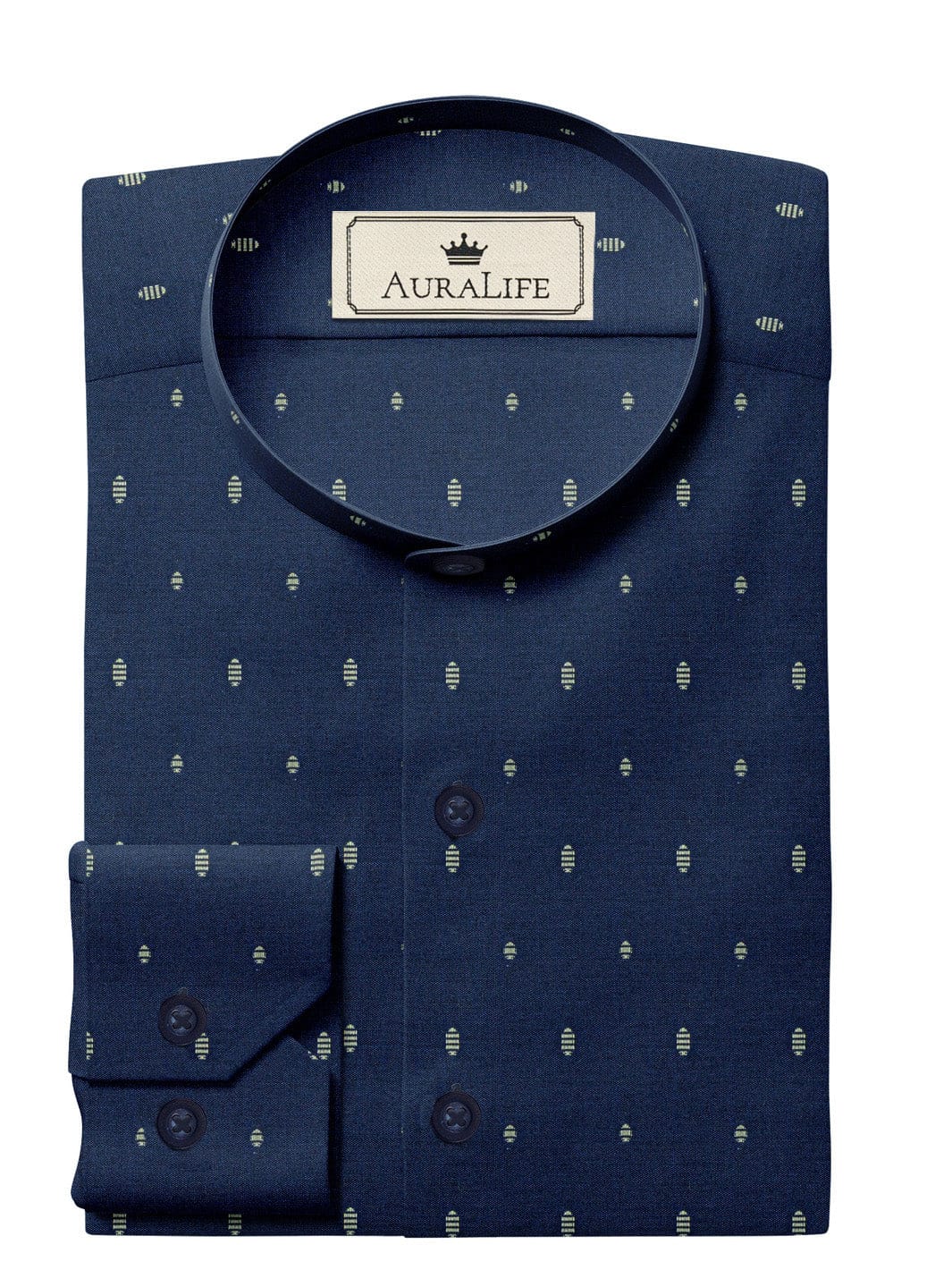 Custom Tailored Navy Blue Printed Cotton Shirt - CUS-10017