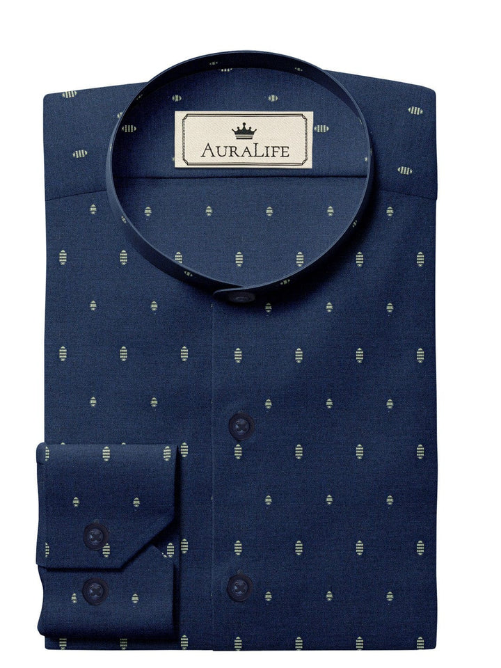 Custom Tailored Navy Blue Printed Cotton Shirt - CUS-10017