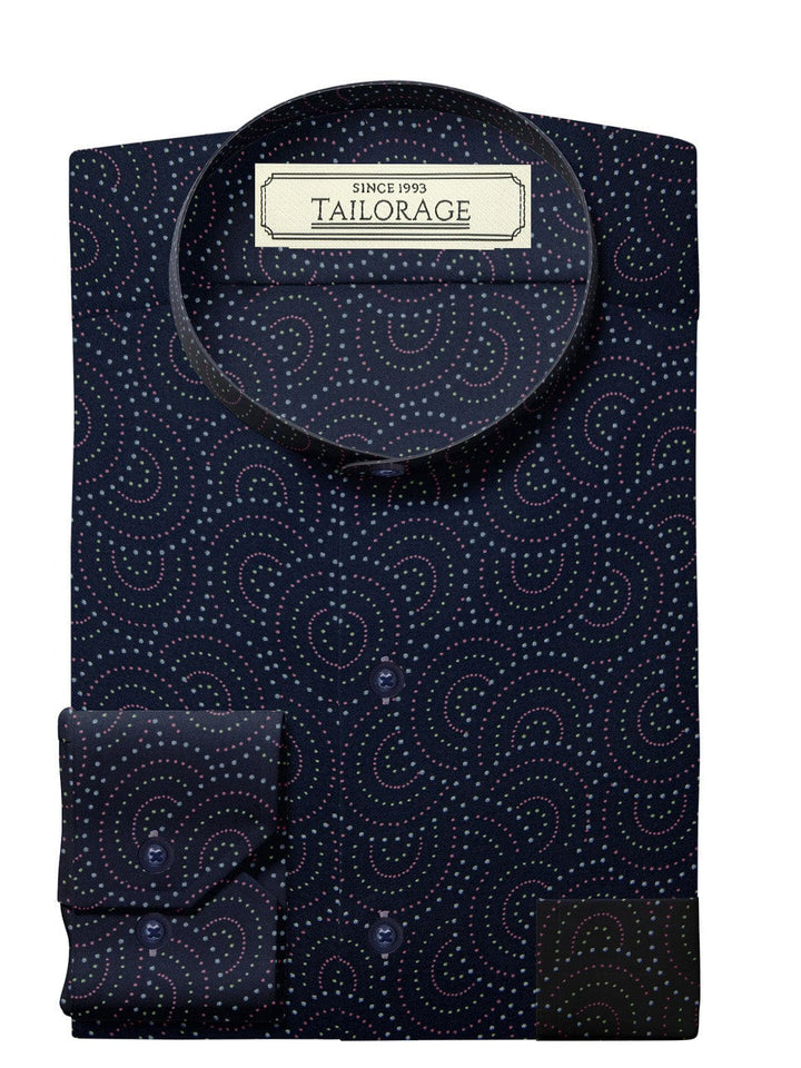 Custom Tailored Navy Blue Printed Cotton Shirt - CUS-10172