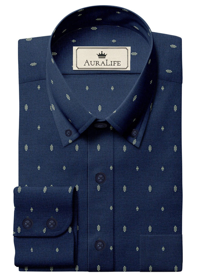 Custom Tailored Navy Blue Printed Cotton Shirt - CUS-10017