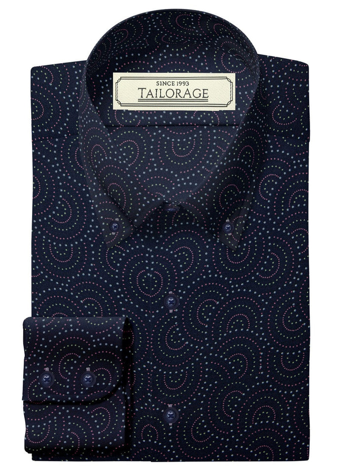 Custom Tailored Navy Blue Printed Cotton Shirt - CUS-10172