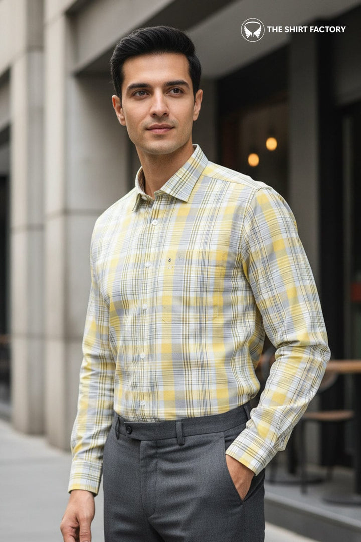 Men's Premium Cotton Yellow & Grey Plaid Check Shirt (10316)
