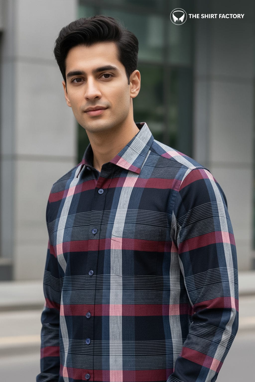 Men's Premium Cotton Navy Blue, Black, Grey & Red Shirt (10321)