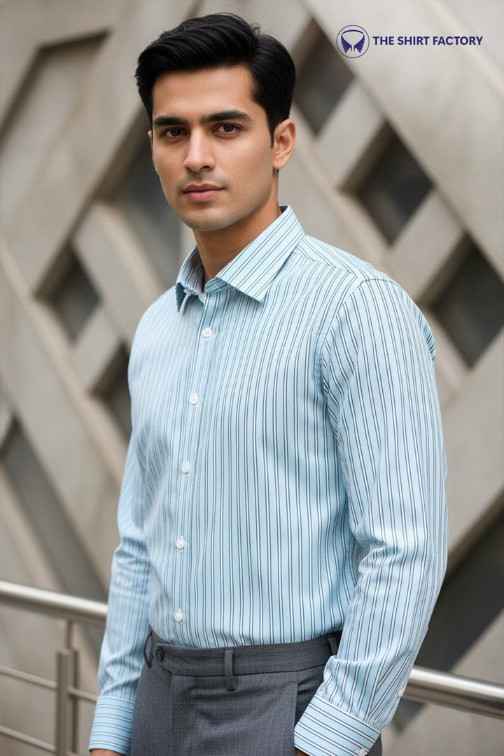 Custom Tailored Premium Cotton Blue Shirt with White Stripes - CUS-10328