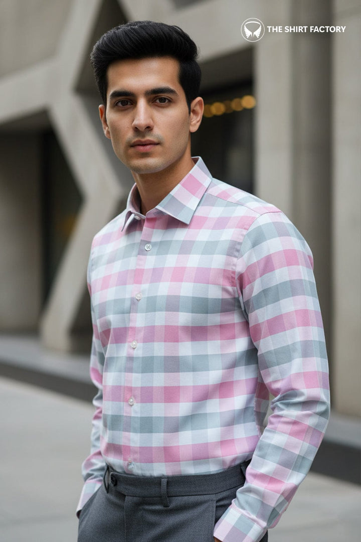 Customized Shirt Made to Order from Premium Cotton Checks Fabric Pink & White - CUS-10205