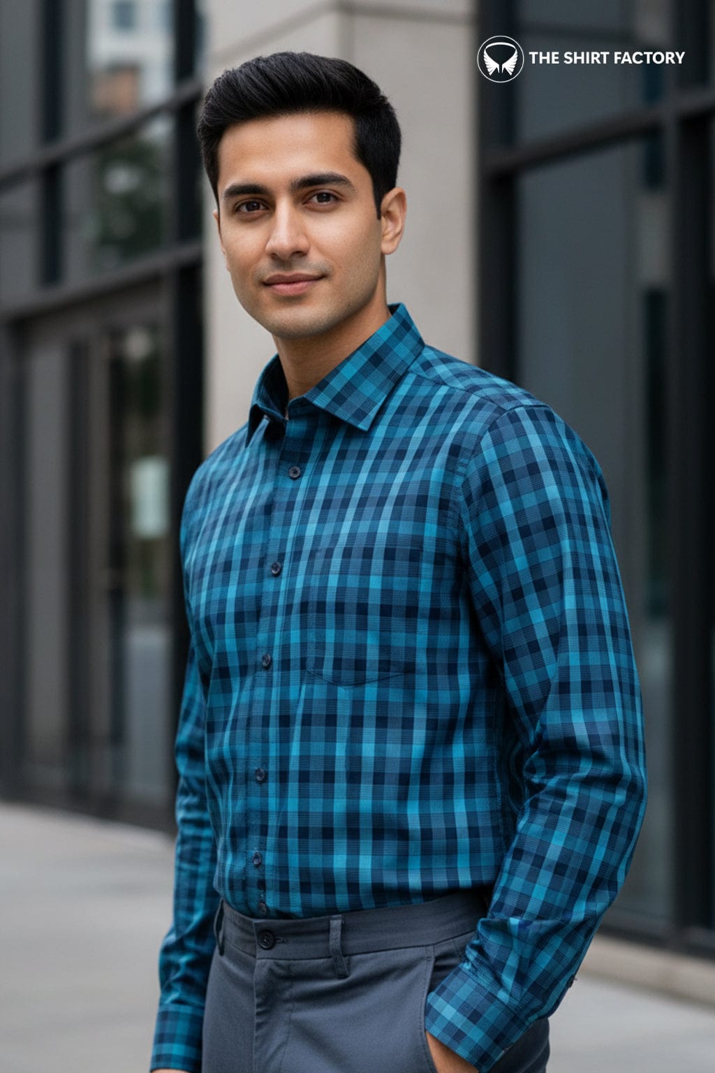 Men's Premium Cotton Teal Check Shirt (10244)