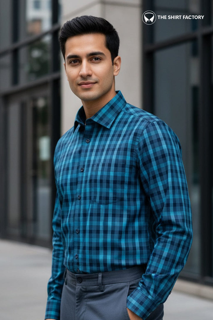 Men's Premium Cotton Teal Check Shirt (10244)