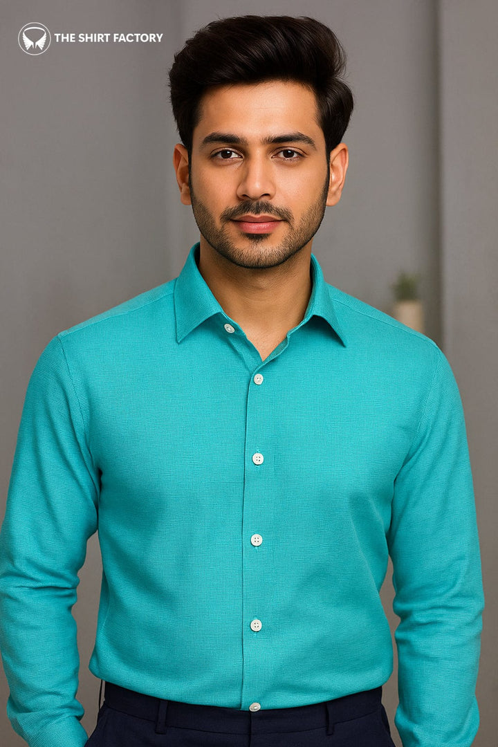 Custom Tailored Turquiose Shirt In Poly Cotton Blend - CUS-10312