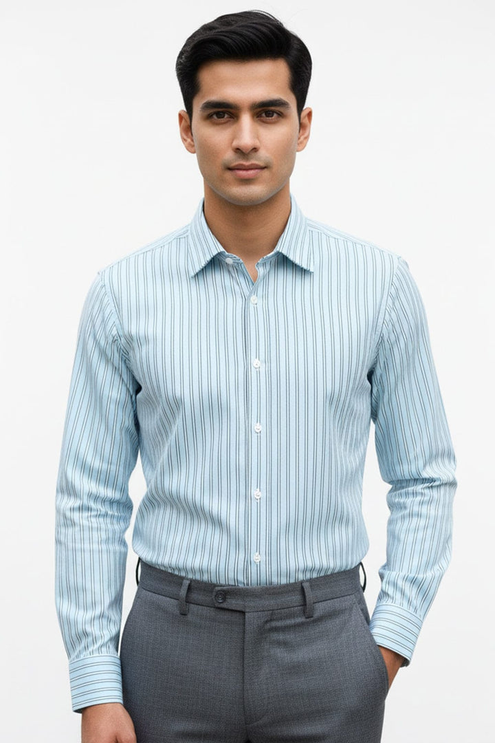 Custom Tailored Premium Cotton Blue Shirt with White Stripes - CUS-10328