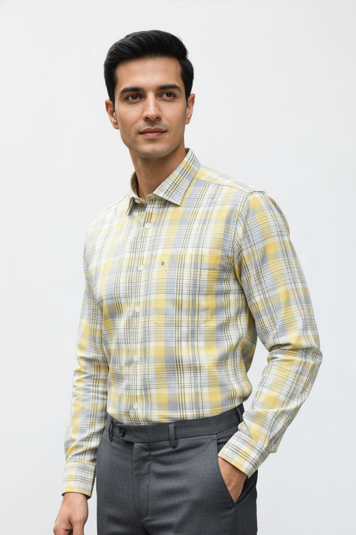Men's Premium Cotton Yellow & Grey Plaid Check Shirt (10316)