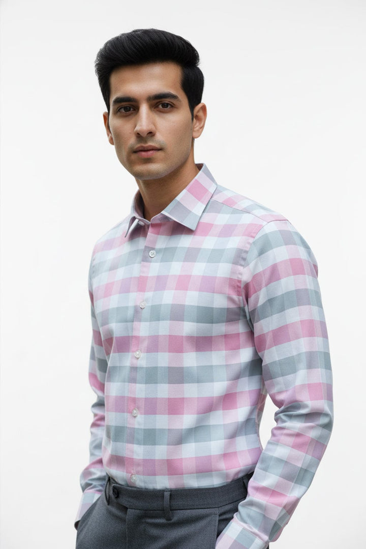 Customized Shirt Made to Order from Premium Cotton Checks Fabric Pink & White - CUS-10205