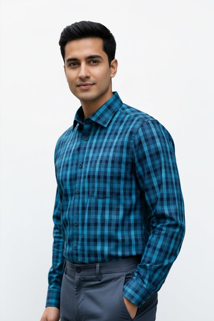 Men's Premium Cotton Teal Check Shirt (10244)